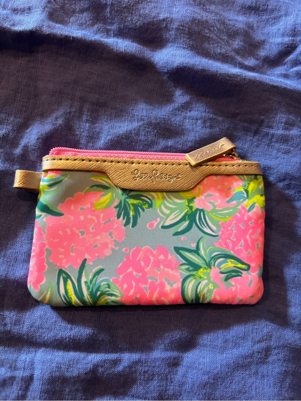 Lilly Pulitzer Pink and Turquoise Floral ID Zip Pouch with Gold Trim. EUC
